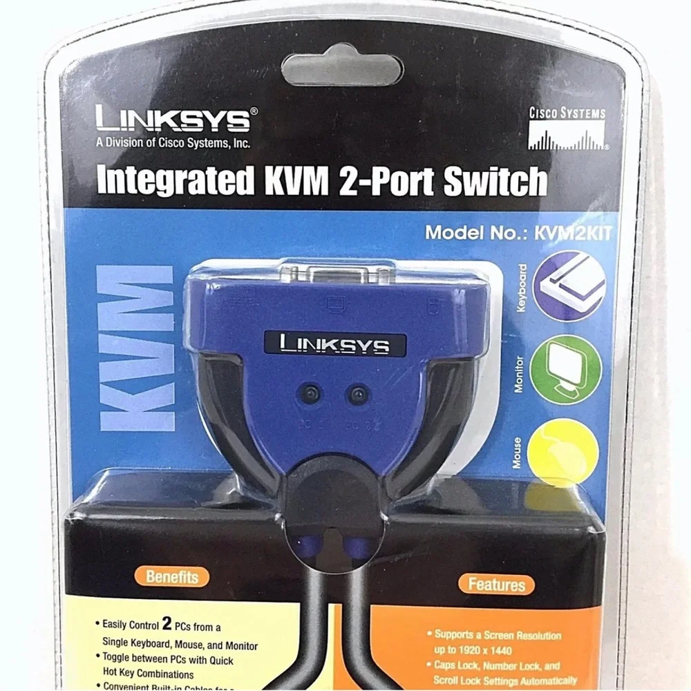 Linksys Integrated KVM 2 Port Switch KVM2KIT Built In Cables Control 2 PC Cisco